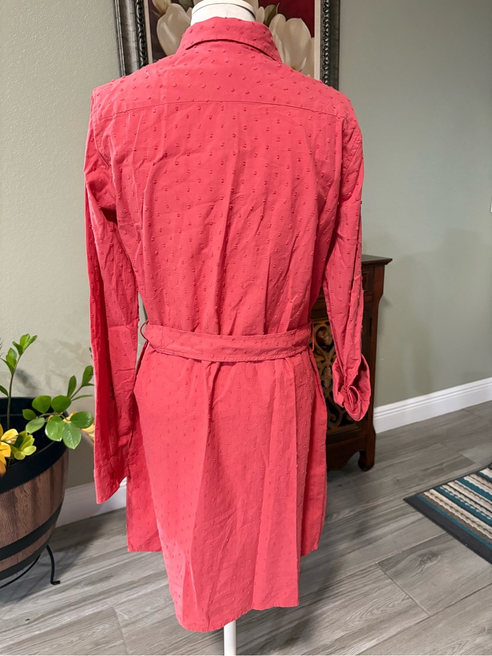 Southern Tide Coral Rust Dot-Texture Shirt Dress with Tie Waist - Picture 3 of 11